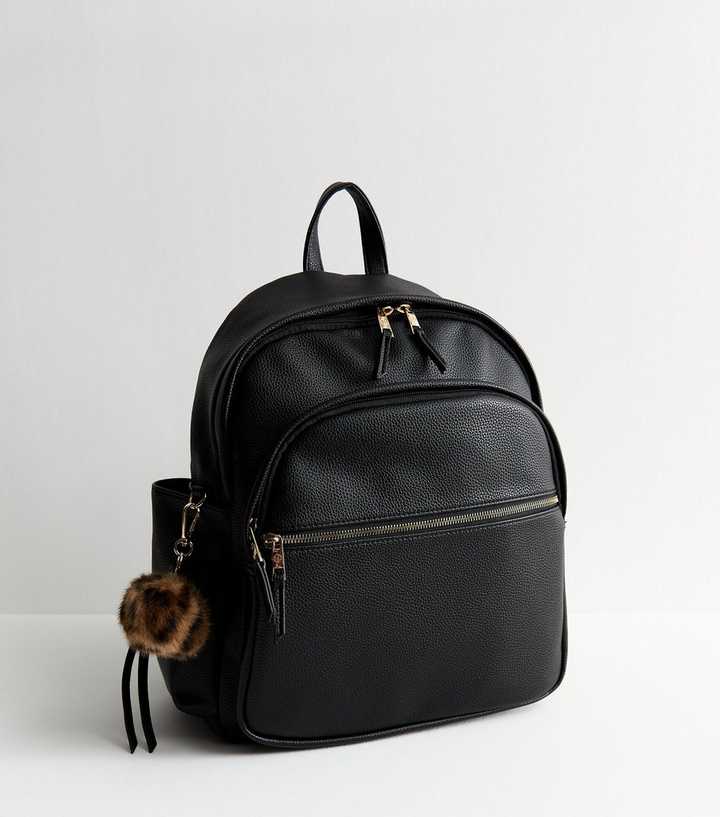 Black Faux Leather Pom Pom Charm Backpack New Look
