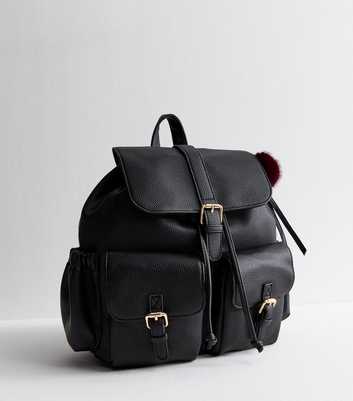 Black Faux Leather Multi-Pocket School Backpack