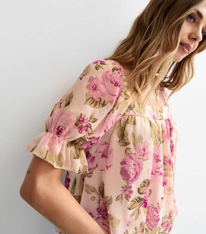 Cream Floral Print Chiffon Smock Top