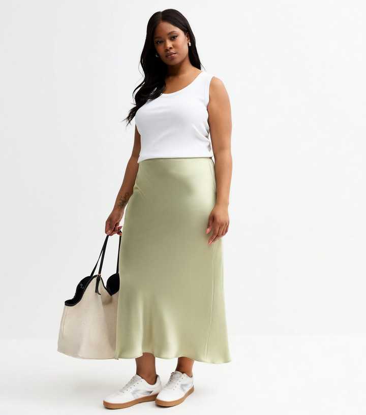 Curves Green Satin Bias Cut Midi Skirt