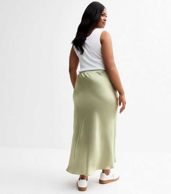 Curves Green Satin Bias Cut Midi Skirt