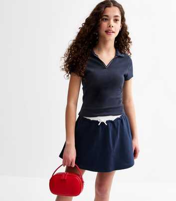 Girls Navy Short Sleeve Striped Trim Polo Shirt