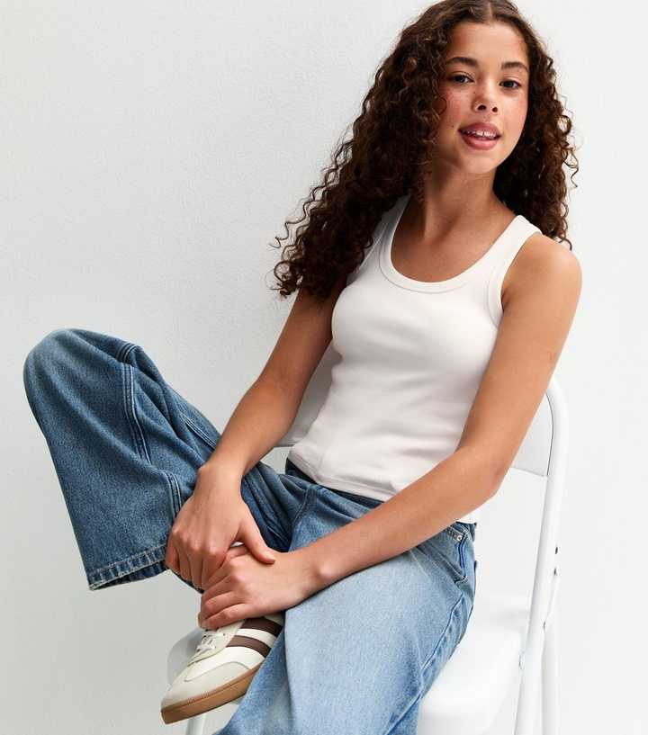 Girls White Scoop Neck Ribbed Vest Top