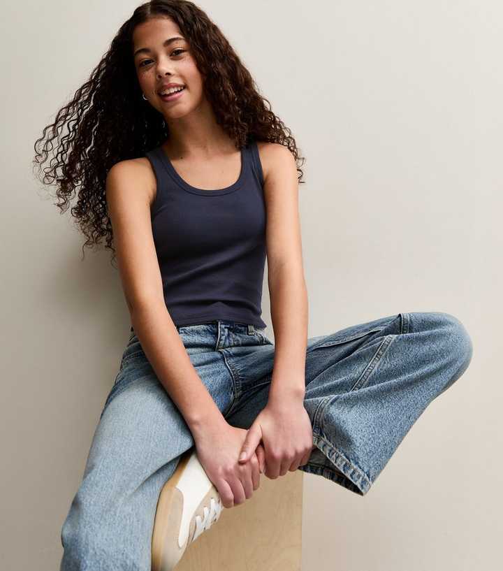 Girls Navy Scoop Neck Ribbed Vest Top