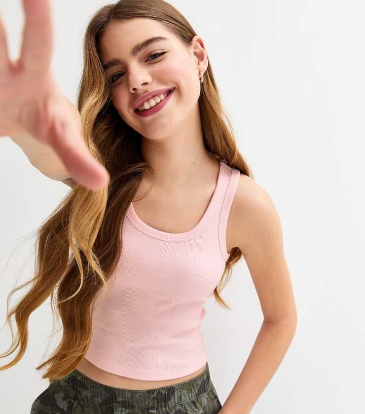 Girls Light Pink Scoop Neck Ribbed Vest Top
