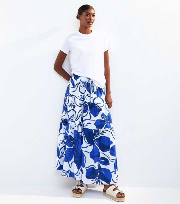 Blue Floral Print Tiered Maxi Skirt