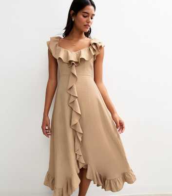 Stone Ruffled Trim Asymmetric Hem Midi Dress