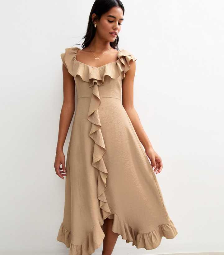 Stone Ruffled Trim Asymmetric Hem Midi Dress