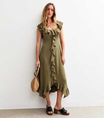 Khaki Ruffled Trim Asymmetric Hem Midi Dress
