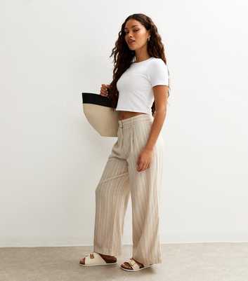 Petite Cream Striped Wide Leg Trousers
