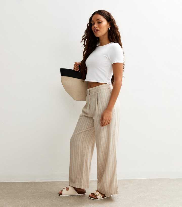 Petite Cream Striped Wide Leg Trousers