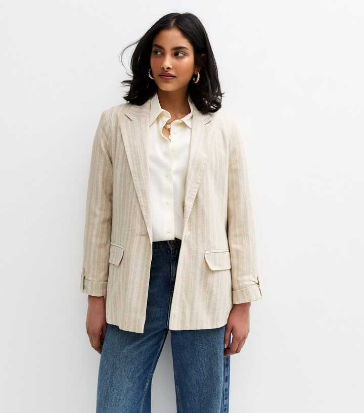 Cream Button Front Striped Tailored Blazer