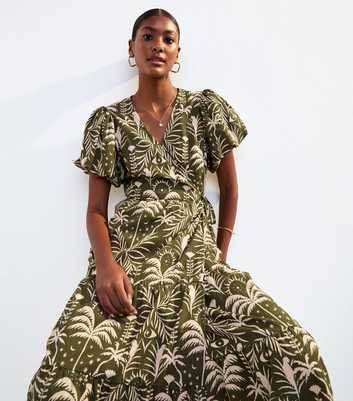 Khaki Palm Print Puff Sleeve Wrap Midi Dress