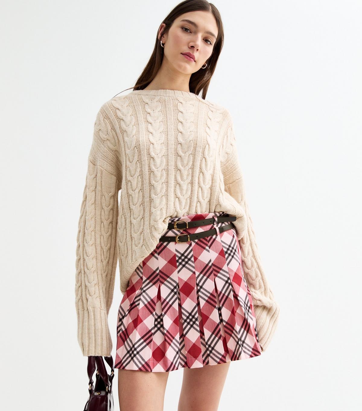 Women's Red Checked Pleated Mini Belted Skirt Tokyo Doll New Look