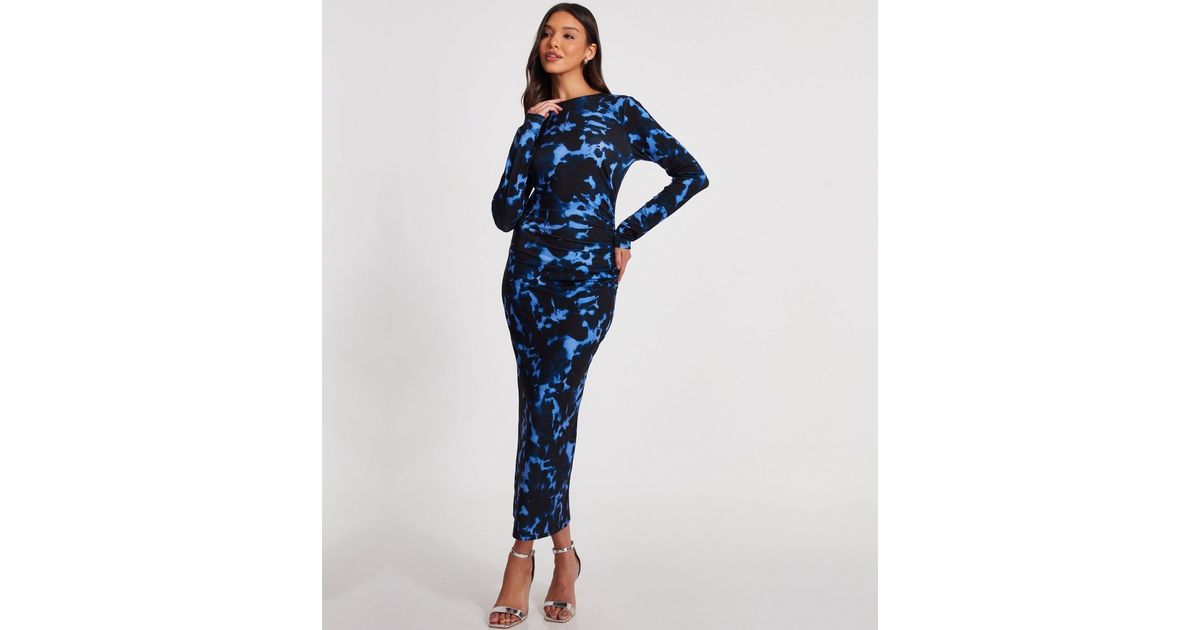 QUIZ Blue Tie Dye Print Ruched Midi Dress | New Look