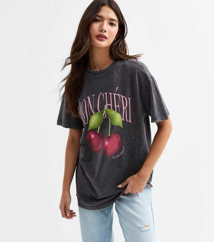 Dark Grey Acid Wash Mon Cheri Print T-Shirt