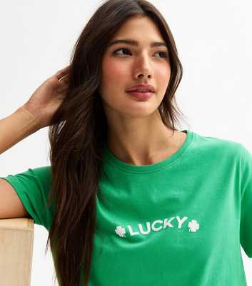 Green Lucky Slogan Print T-Shirt