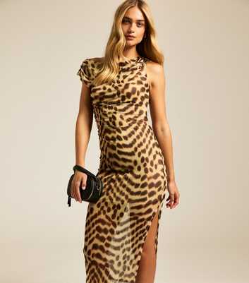 Brown Leopard Print One Shoulder Midi Dress