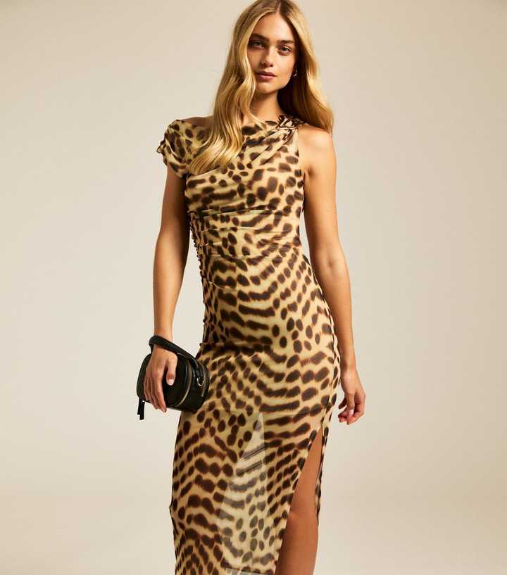 Brown Leopard Print One Shoulder Midi Dress