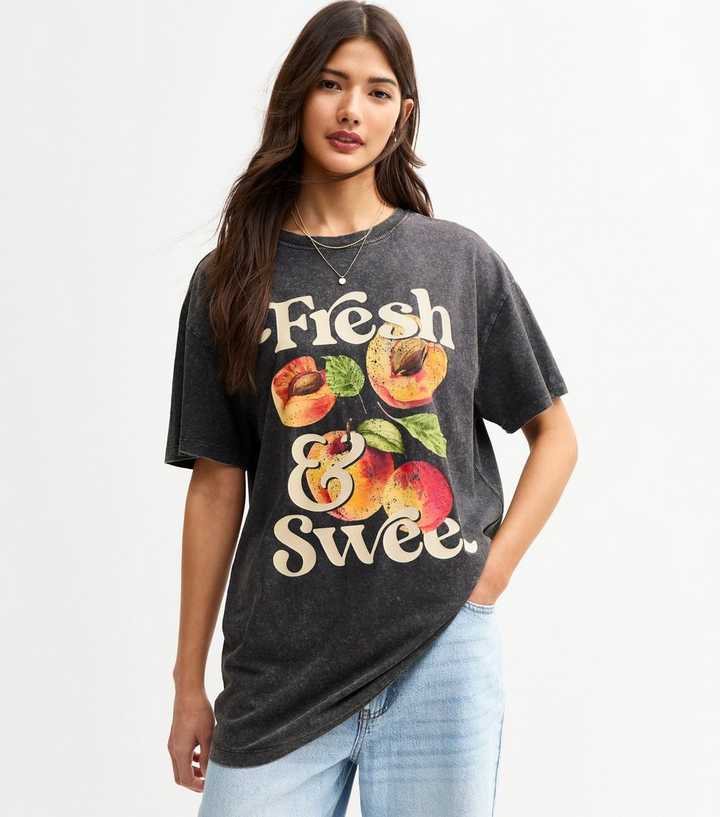 Dark Grey Peaches Oversized Acid Wash T-Shirt