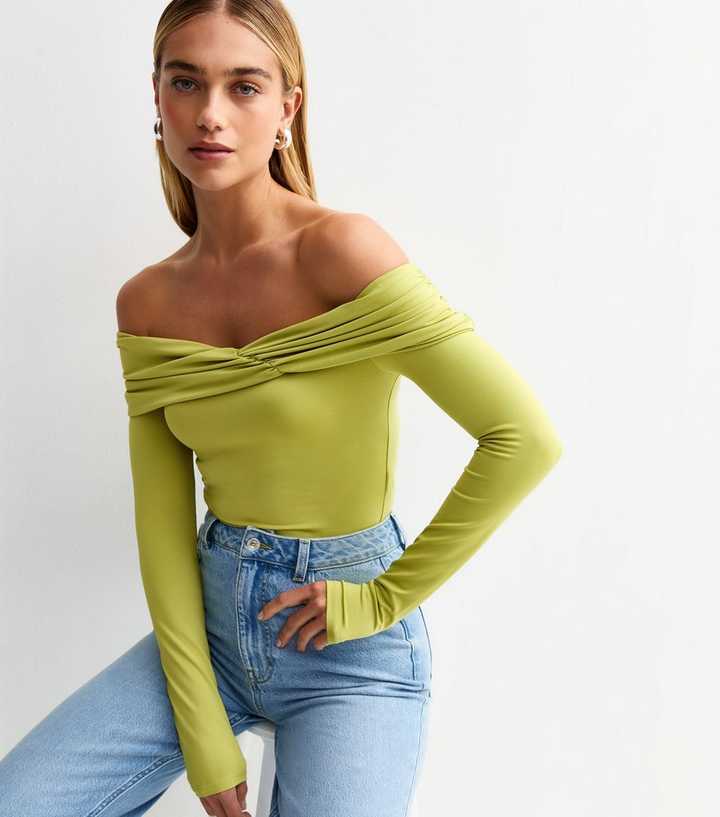 Light Green Ruched Bardot Bodysuit