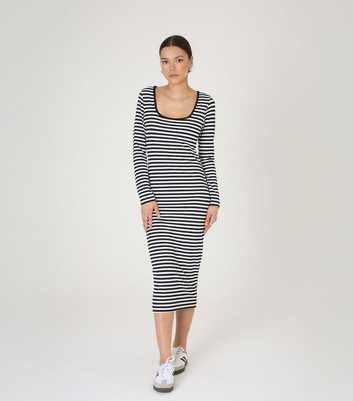 WKNDGIRL Black Striped Ribbed Square Neck Midi Dress