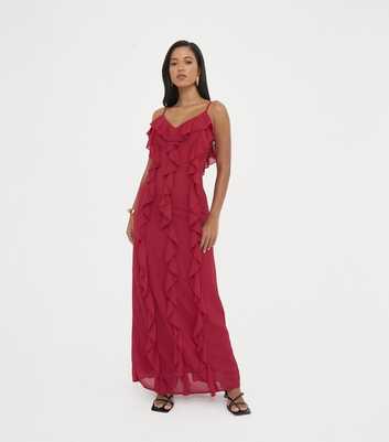 WKNDGIRL Red Ruffle Trim Chiffon Maxi Dress