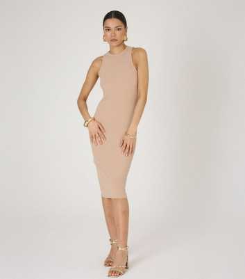 WKNDGIRL Light Brown Ribbed Racer Neck Midi Dress