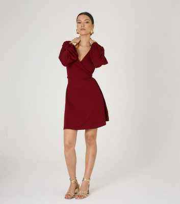 WKNDGIRL Burgundy Wrap Front V Neck Mini Dress