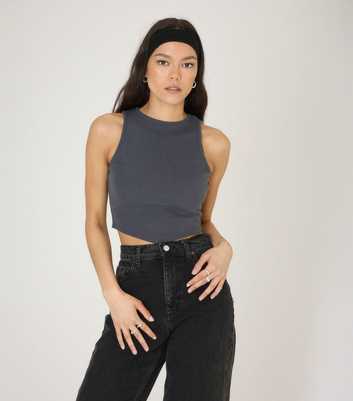 WKNDGIRL Grey Ribbed Dip Hem Crop Top