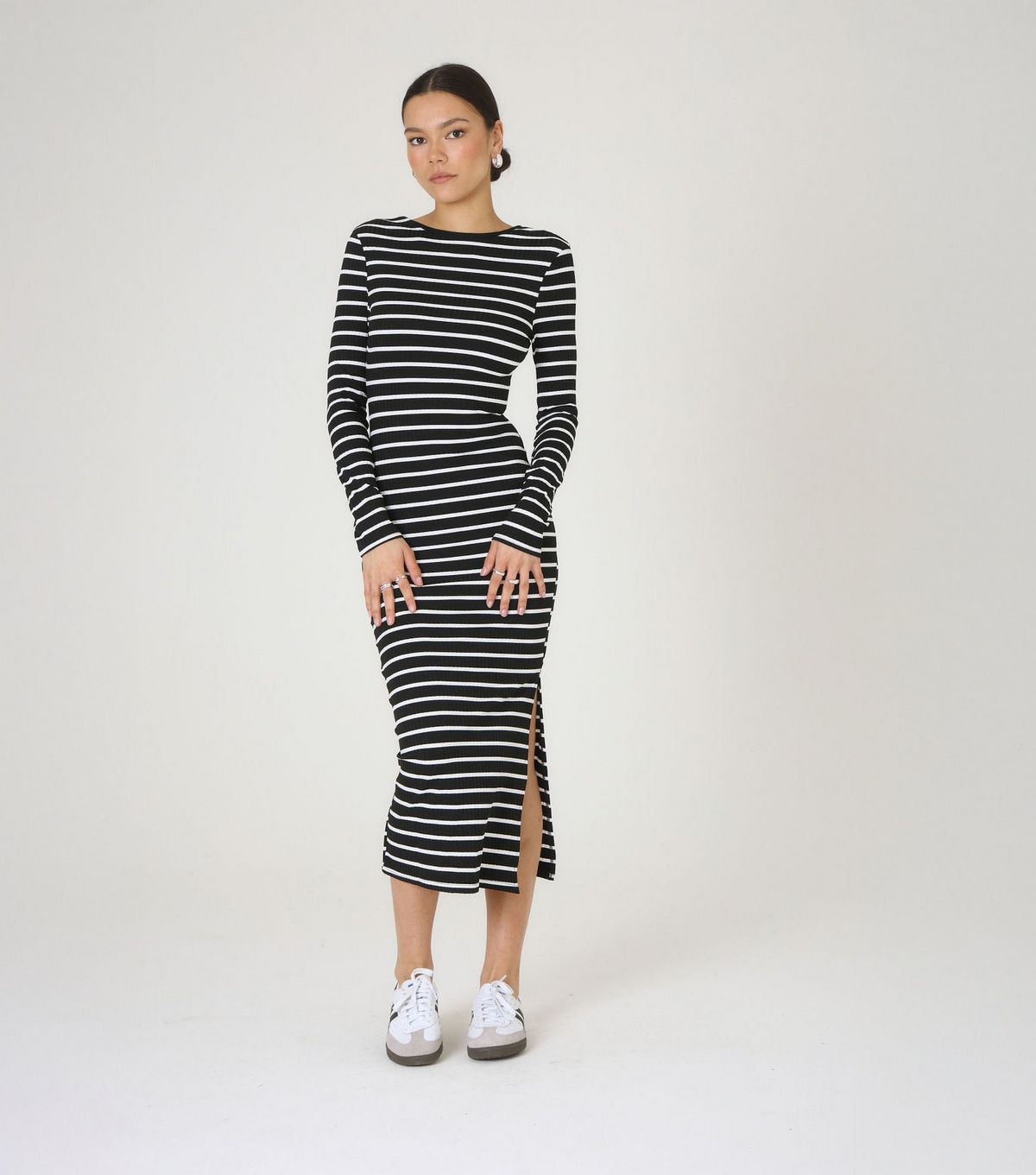 Women's Black Striped Scoop Back Midi Dress WKNDGIRL New Look