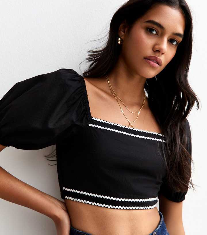 Black Ric Rac Trim Puff Sleeve Crop Top | New Look