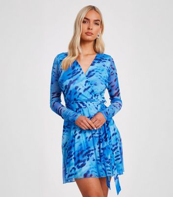 QUIZ Blue Abstract Print Mini Wrap Dress
