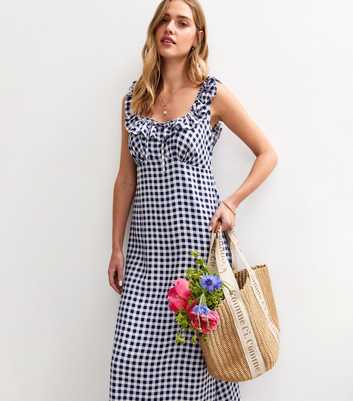Blue Check Print Sweetheart Tie Back Midi Dress