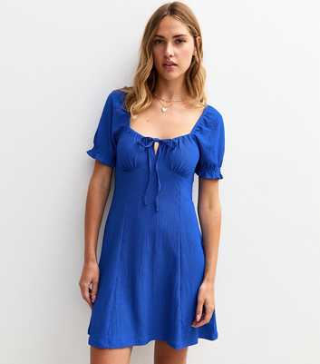 Bright Blue Crinkle Texture Milkmaid Mini Dress