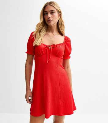 Red Crinkle Texture Milkmaid Mini Dress