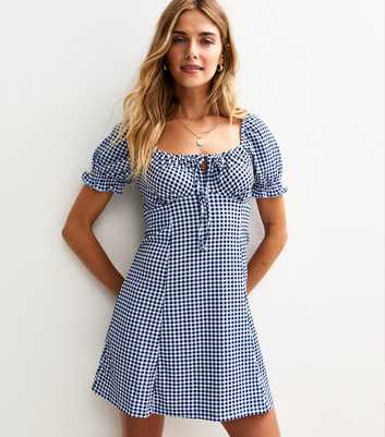 Navy Checked Milkmaid Mini Dress