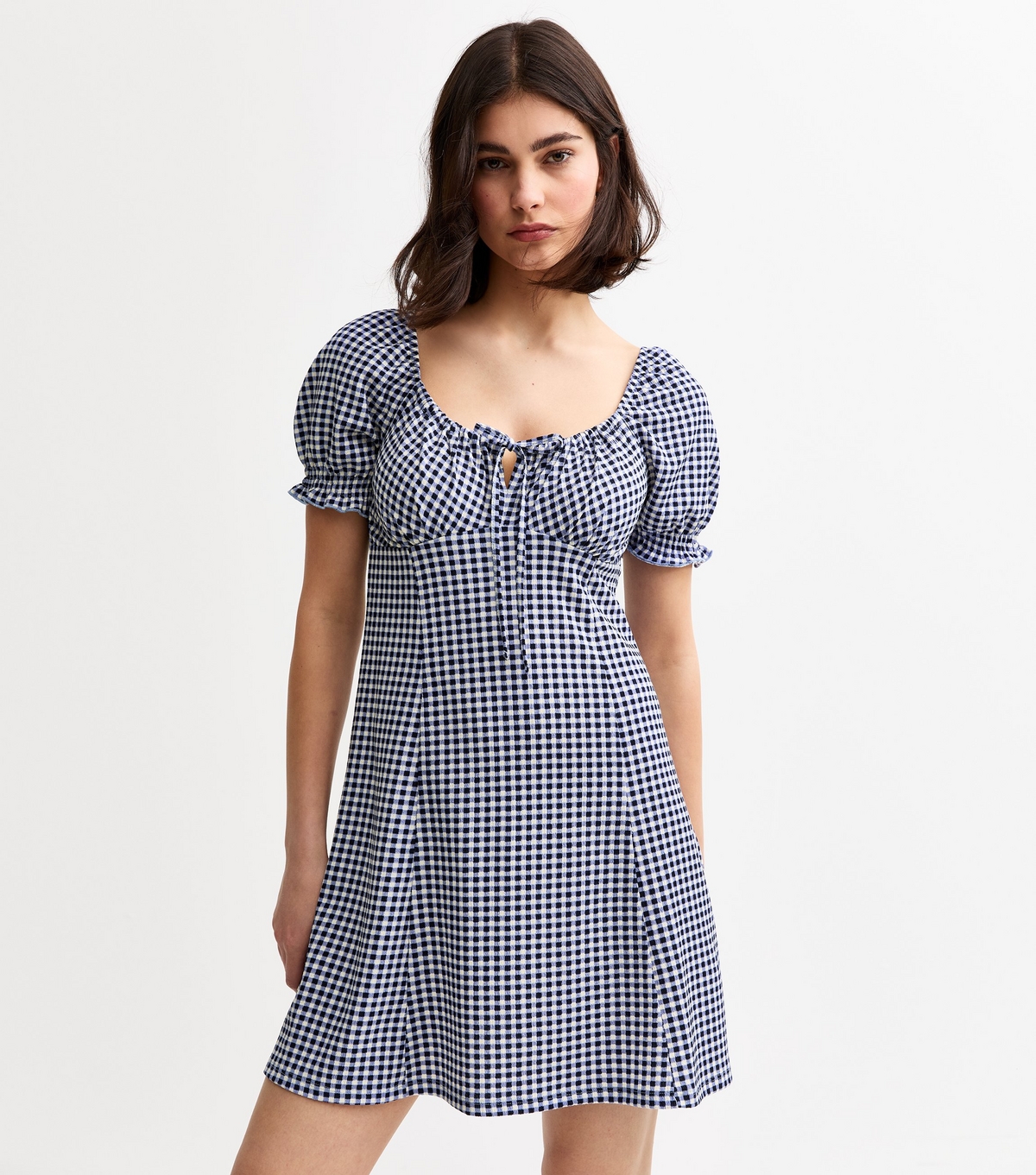 Women's Navy Checked Milkmaid Mini Dress New Look