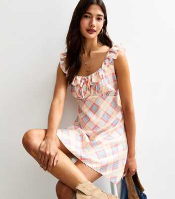 Cream Check Print Sweetheart Tie Back Mini Dress