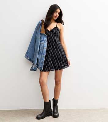 Black Polka Dot Frill Trim Mini Dress
