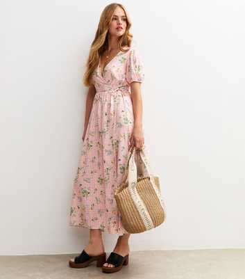 Pink Gingham Check Floral Wrap Midi Dress