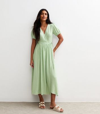 Green Gingham Print Wrap Tie Midi Dress | New Look