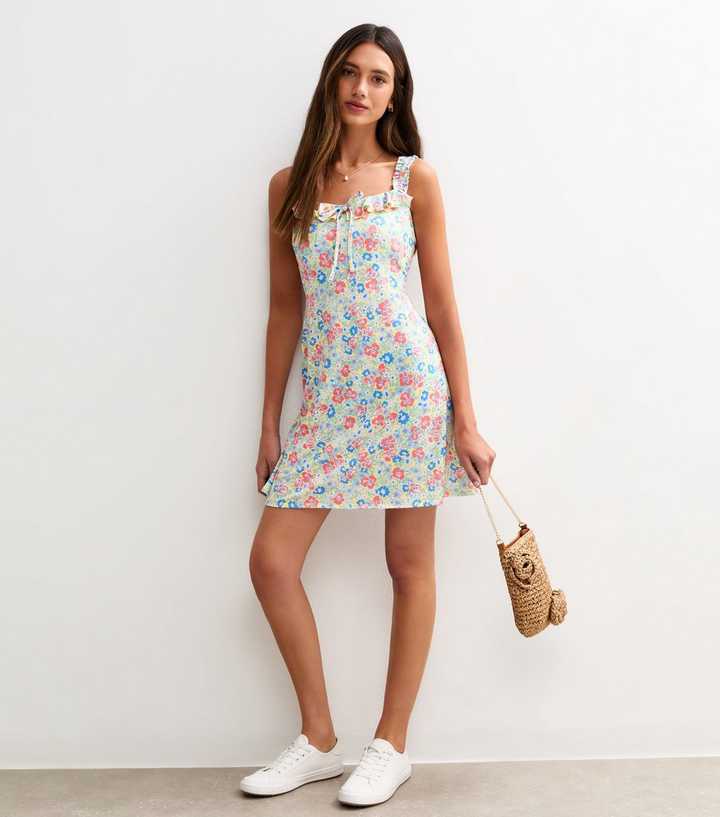 Yellow Jersey Floral Print Tie Front Mini Dress