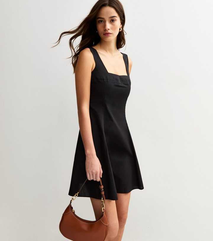 Black Square Neck Poplin Mini Dress