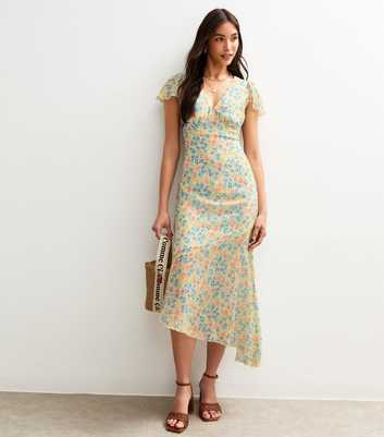 Multicoloured Floral Print V-Neck Midi Dress