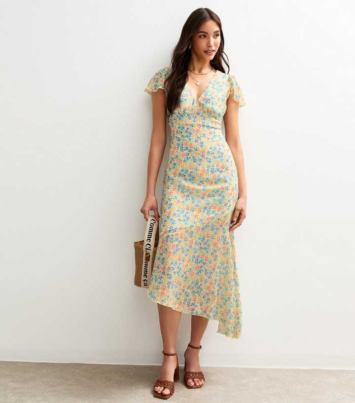 Multicoloured Floral Print V-Neck Midi Dress