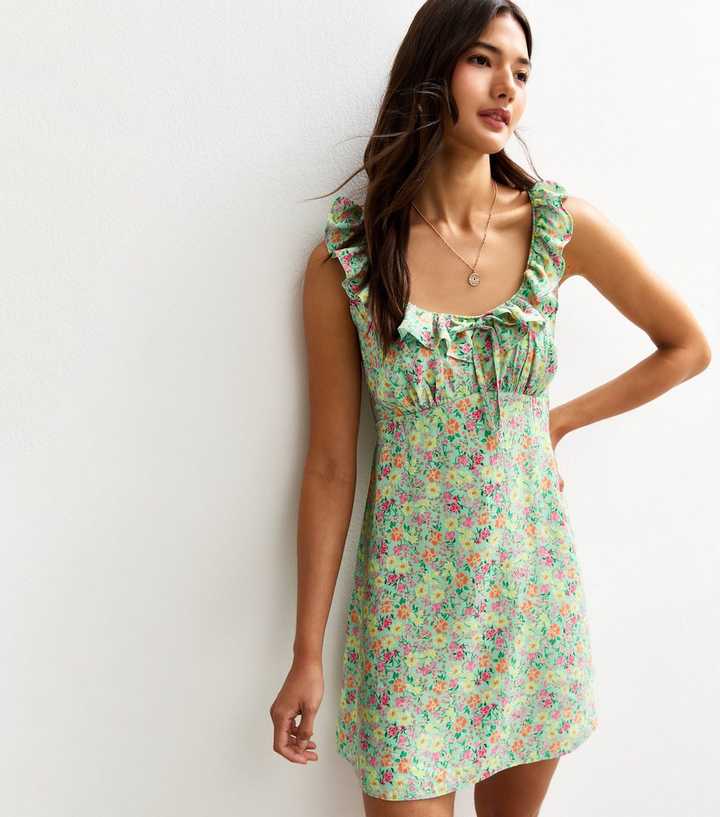 Green Floral Print Scoop Neck Tie Back Mini Dress