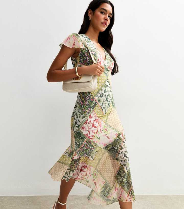 Multicoloured Patchwork Print V-Neck Midi Dress