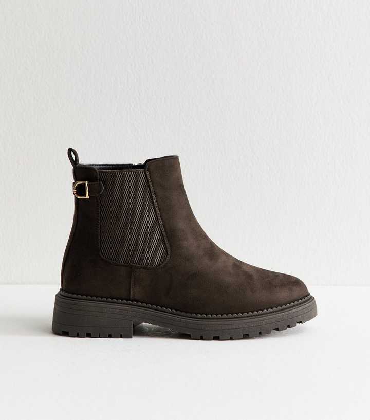 Wide Fit Brown Faux Suede Chunky Chelsea Boots