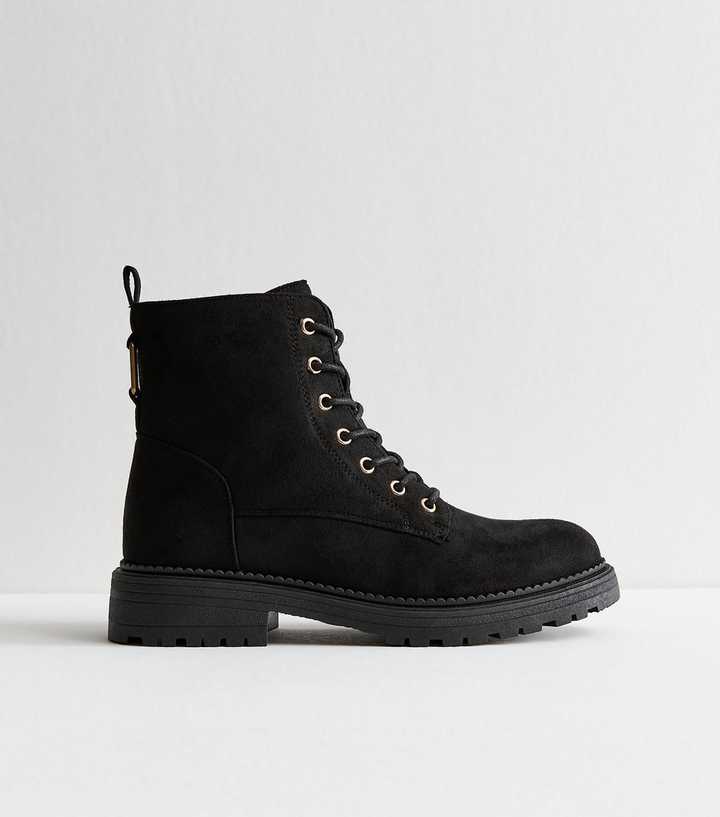 Black Faux Suede Lace Up Ankle Boots